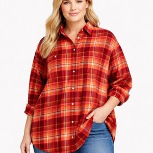 Old Navy The Boyfriend Shirt XXL Orange Red Plaid Tunic Flannel Swiftie Evermore
